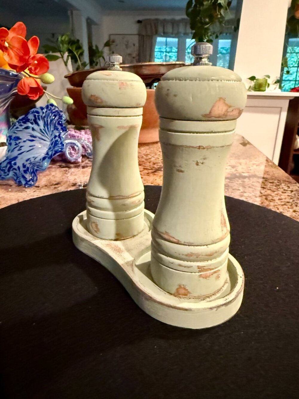 Rustic Distressed Hand Painted Wood Sage Green Salt & Pepper Grinder Set w/Tray - Picture 7 of 12